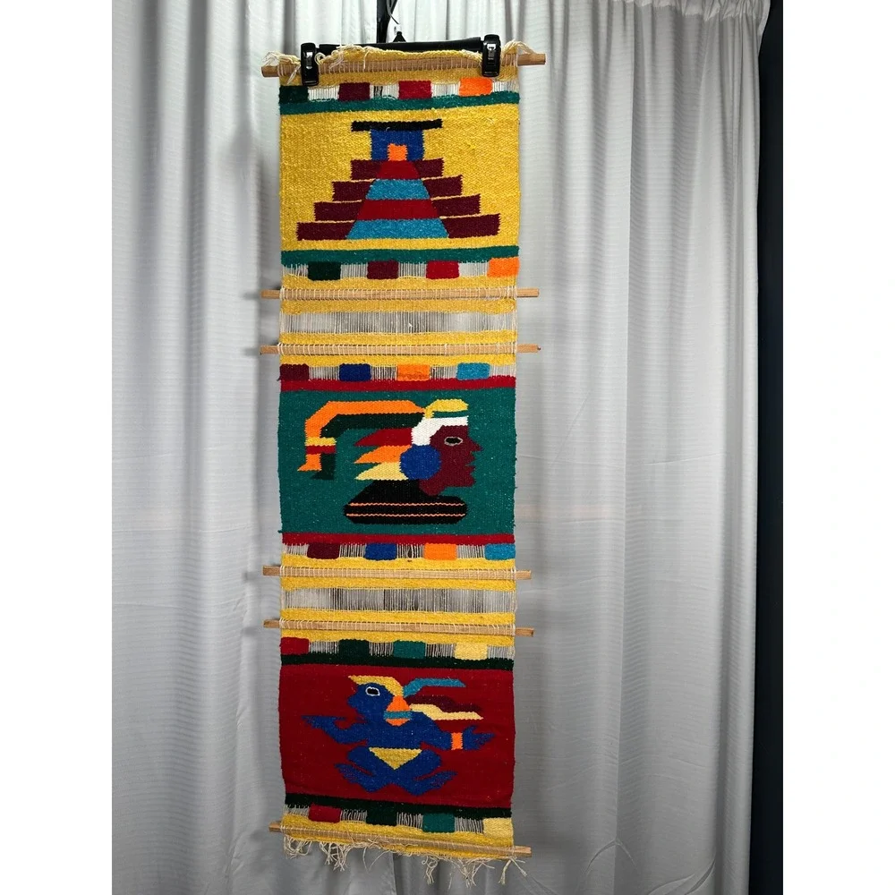 VTG Peruvian Handwoven Wool Wall Hanging Textile Art Pyramid Indigenous 48x15